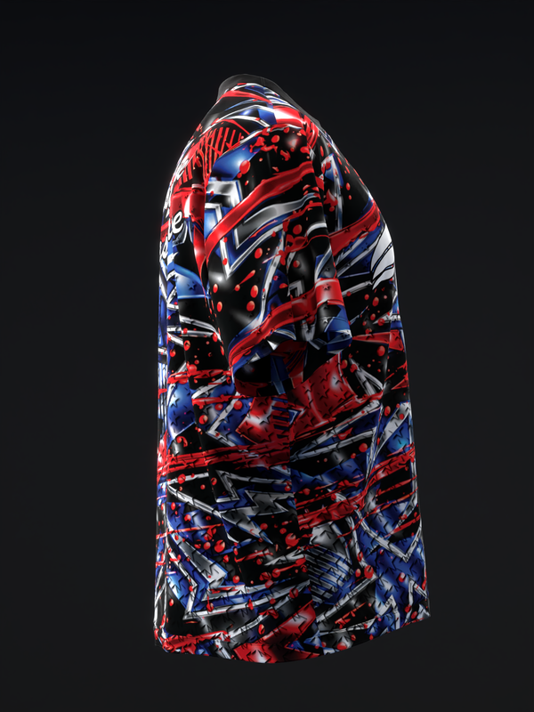 Red, white, and blue abstract geometric bowling jersey, side view
