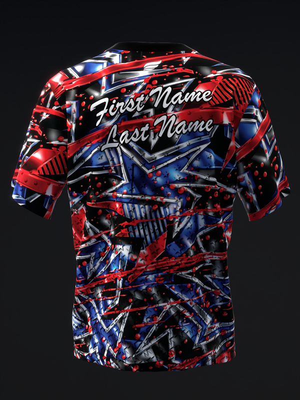 Red, white, and blue abstract bowling jersey with personalized name placement