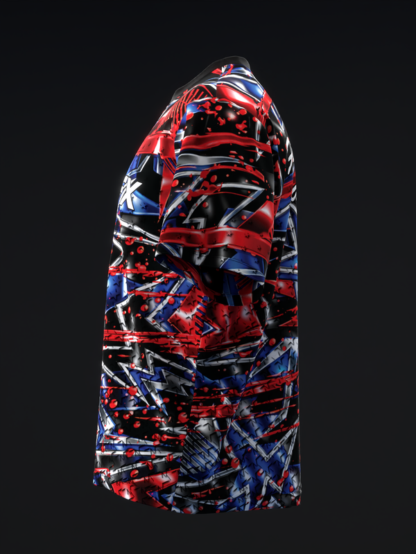 Red, white, and blue abstract geometric bowling jersey, side view