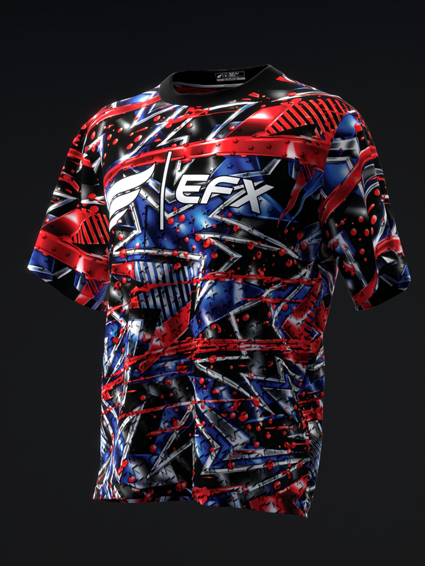 Red, white, and blue bowling jersey with abstract geometric graphic design front view