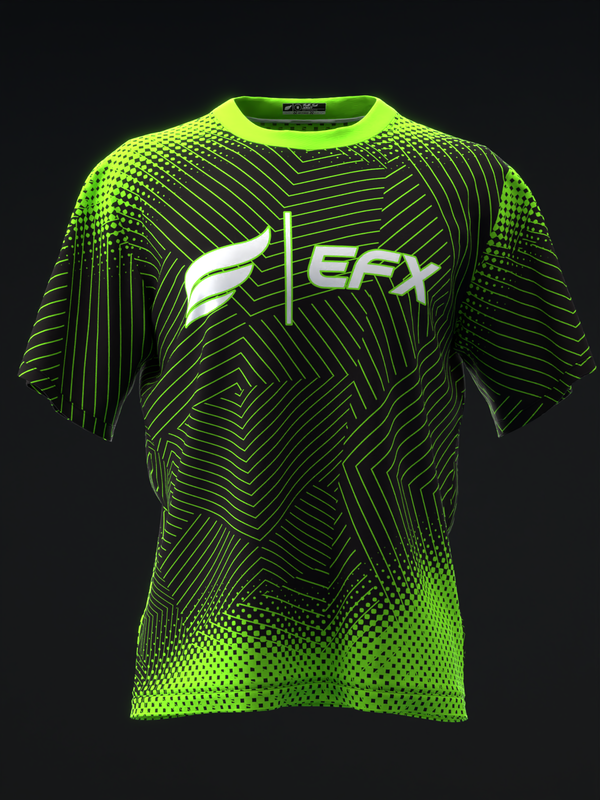 Neon green bowling jersey with black geometric line and dot pattern, front view