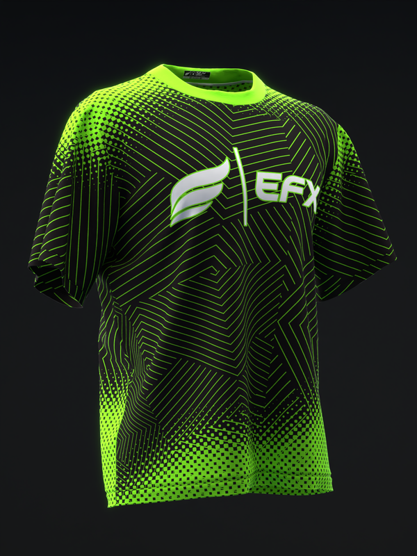 Neon green bowling jersey with black geometric lines and dot pattern design, front view
