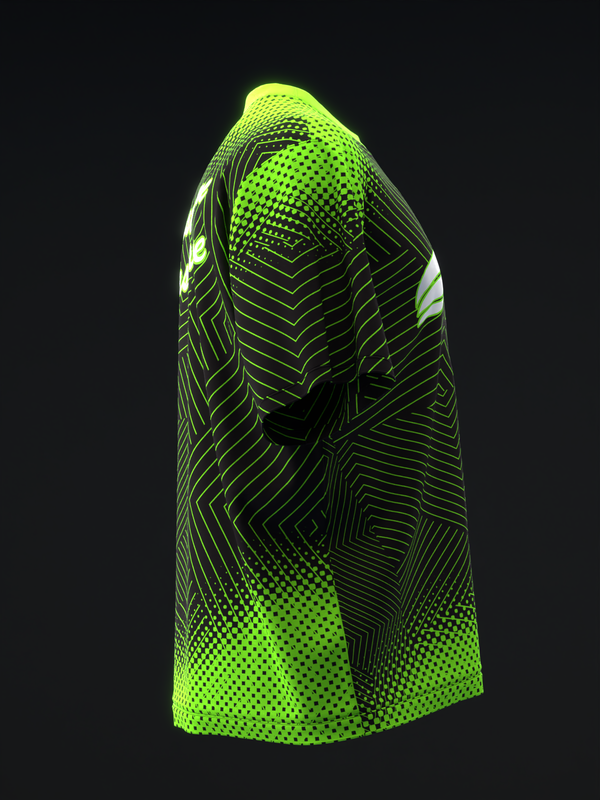 Neon green and black bowling jersey with geometric line and dot pattern design