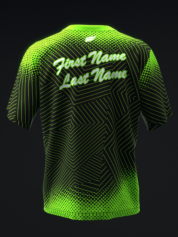 Neon green bowling jersey with geometric line pattern and personalized name text, back view