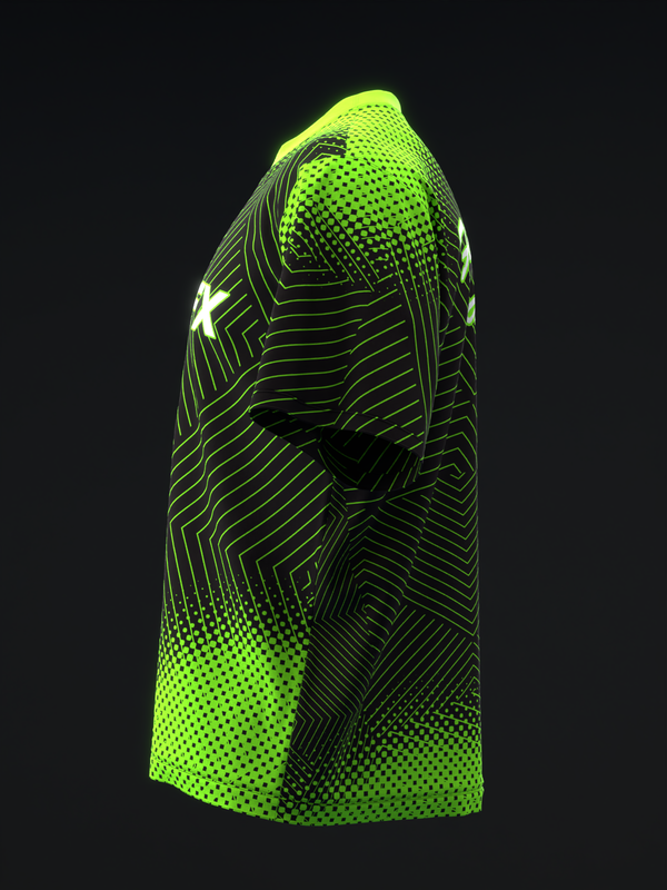 Neon green bowling jersey with geometric line pattern and dotted texture detail
