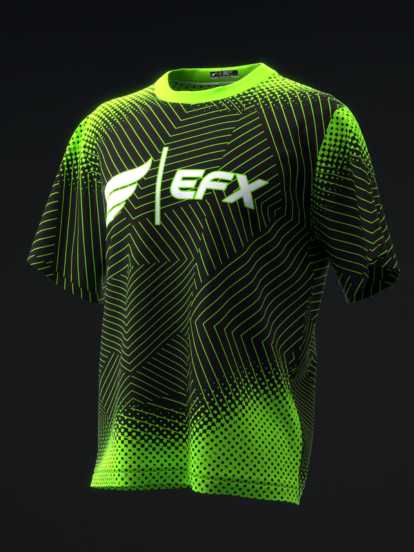 Neon green and black bowling jersey with geometric line and dot pattern design