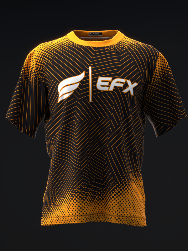 Black and neon orange bowling jersey with geometric line pattern and EFX logo, front view