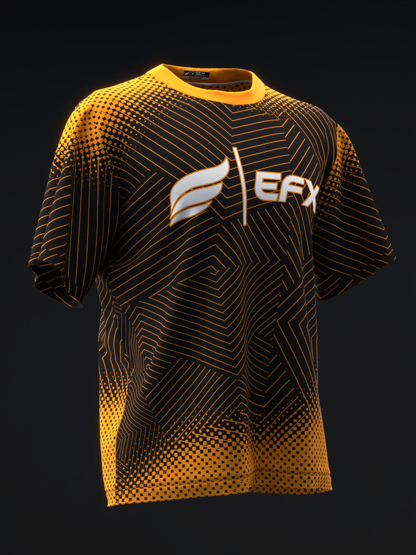 Black bowling jersey with neon orange geometric lines and EFX logo