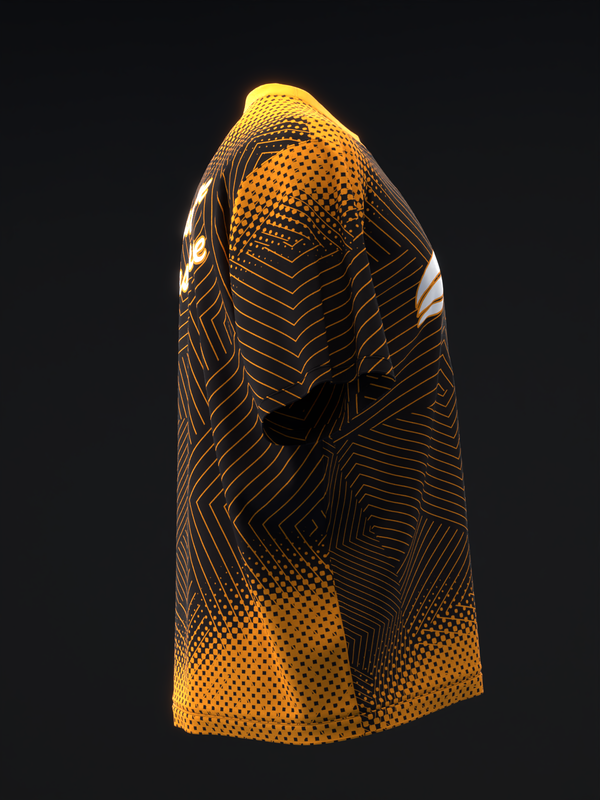 Black and neon orange bowling jersey with geometric line and dot pattern design