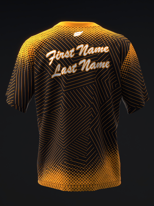 Black and neon orange bowling jersey with geometric line pattern and personalization text, back view