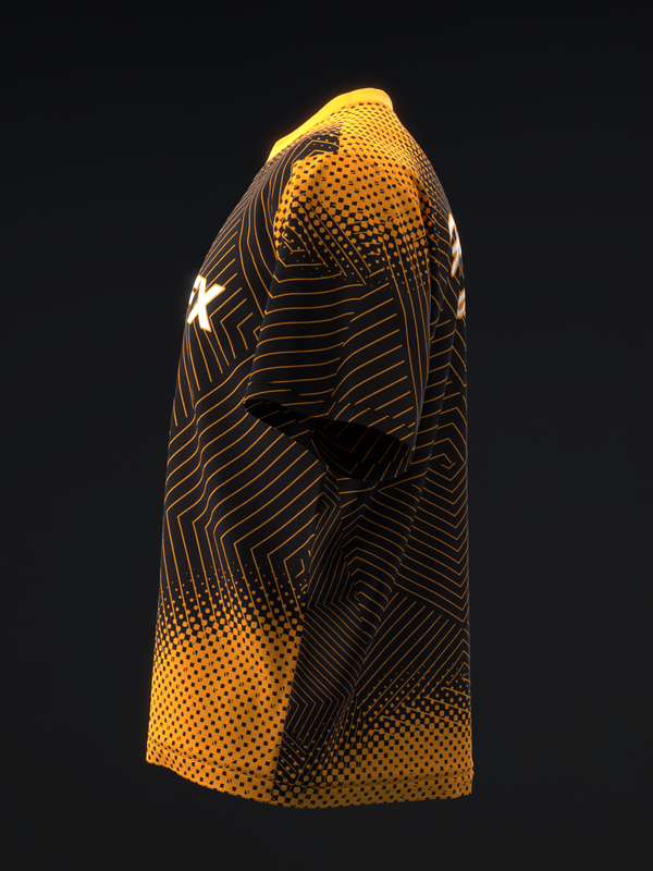 Black and neon orange bowling jersey with geometric line and dot patterns, side view