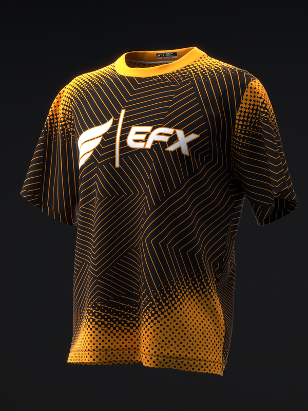 Black bowling jersey with neon orange geometric line and dot patterns