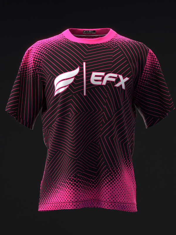 Front view of neon pink bowling jersey with black geometric line pattern and EFX logo