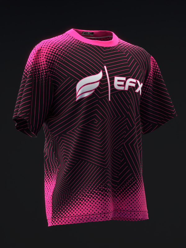 Neon pink bowling jersey with geometric line and dot pattern design, front view