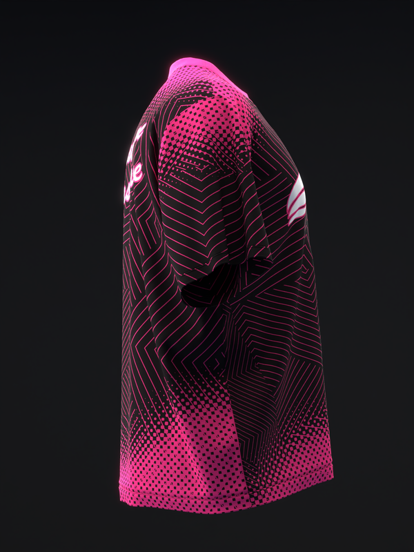 Black and neon pink bowling jersey with geometric line and dot pattern design