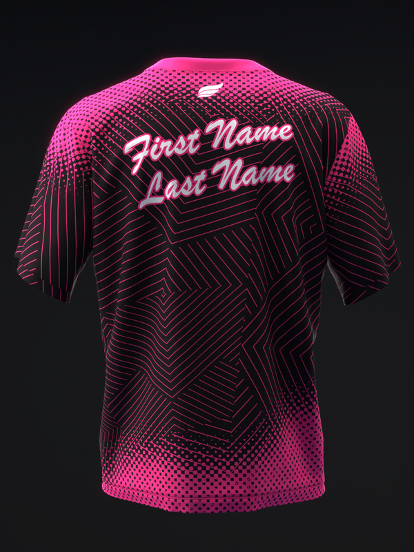 Hot pink bowling jersey with geometric line pattern and customizable name text, back view