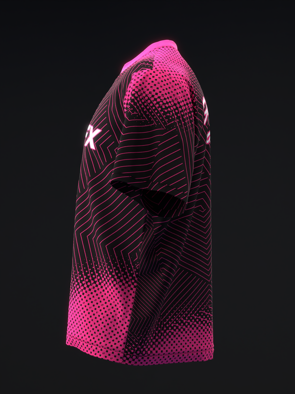 Neon pink bowling jersey with geometric line pattern and dotted texture details, side view