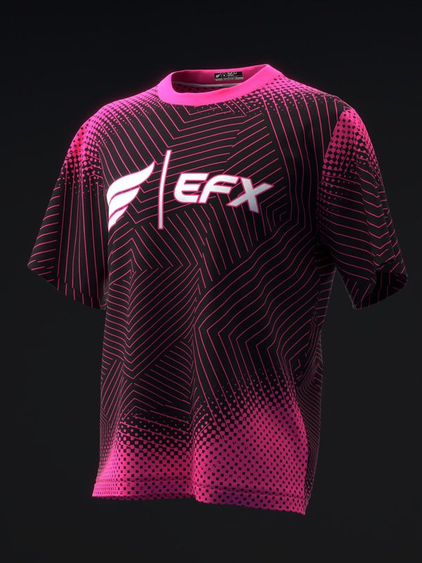 Neon pink and black bowling jersey with geometric line pattern and EFX logo, front view