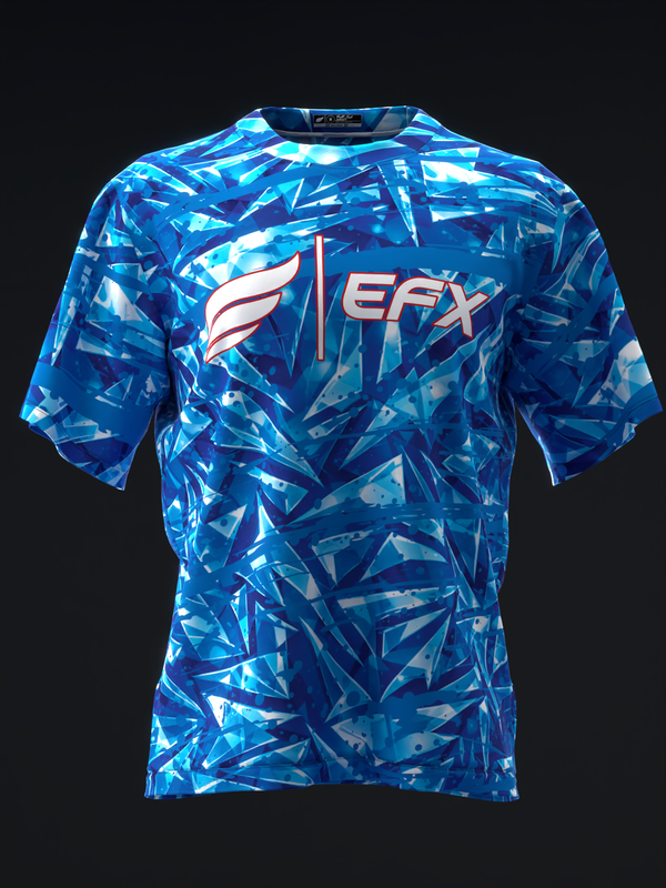 Blue bowling jersey with abstract geometric glass shards pattern, front view