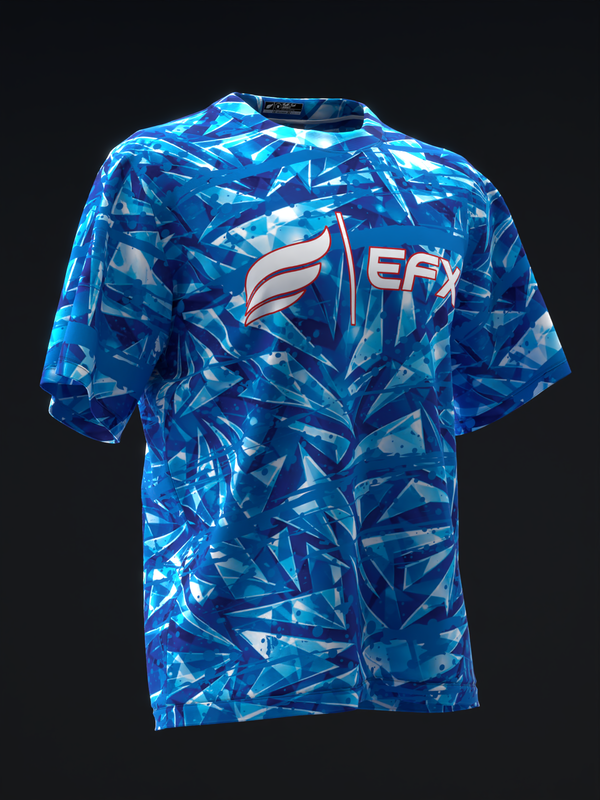 Blue bowling jersey with geometric glass-like pattern and EFX logo, front view