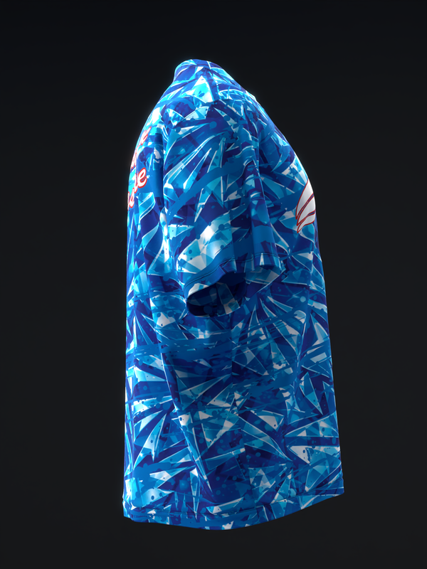 Blue bowling jersey with abstract shattered glass pattern design, front view