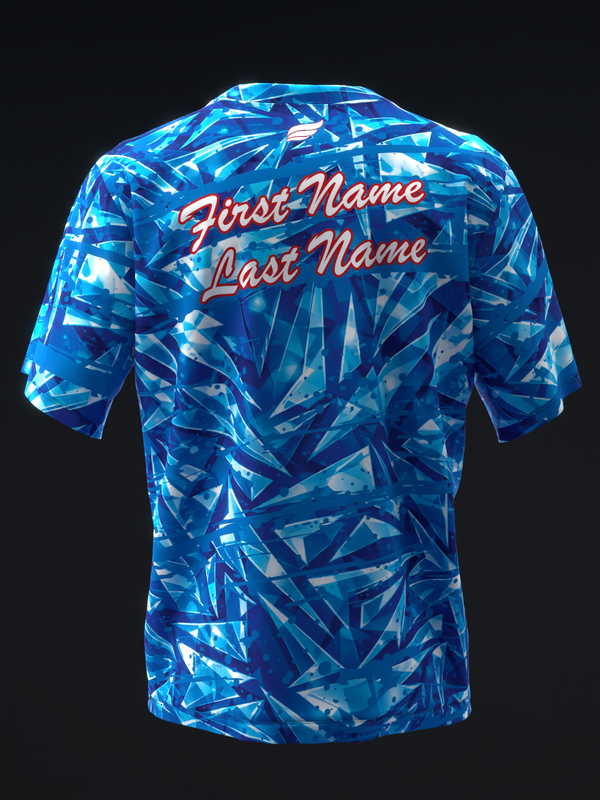 Blue bowling jersey with abstract geometric pattern and coral script text on back
