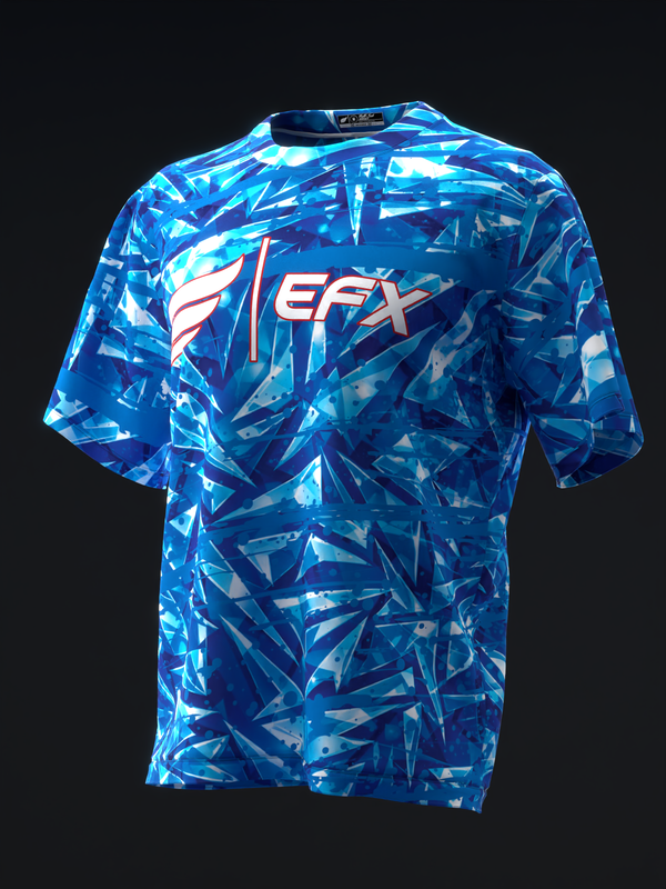 Blue bowling jersey with geometric glass-shard pattern and EFX logo, front view