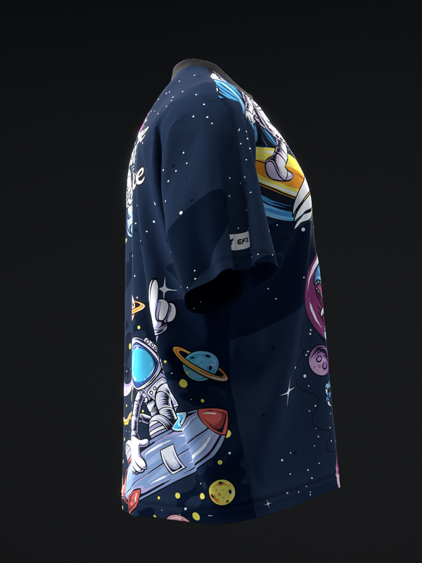 Navy bowling jersey with colorful space-themed graphic design and astronaut motif