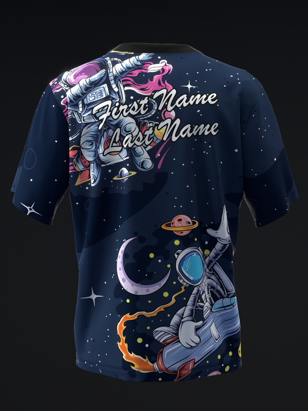 Navy bowling jersey with space theme and customizable name text back view