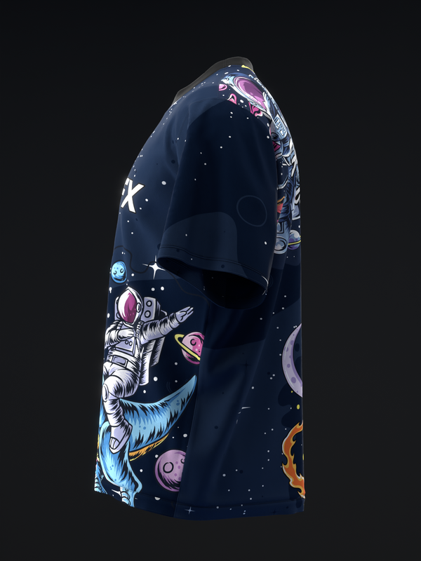 Navy bowling jersey with space-themed astronaut and planet graphic design, side view
