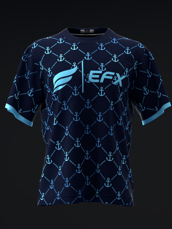 Navy bowling jersey with light blue anchor pattern and EFX logo, front view