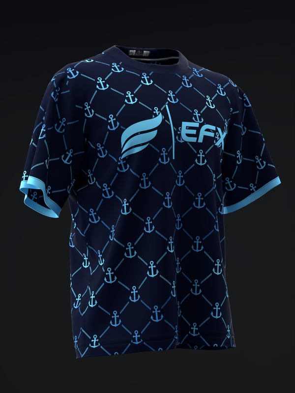 Navy bowling jersey with light blue anchor pattern and EFX logo, front view