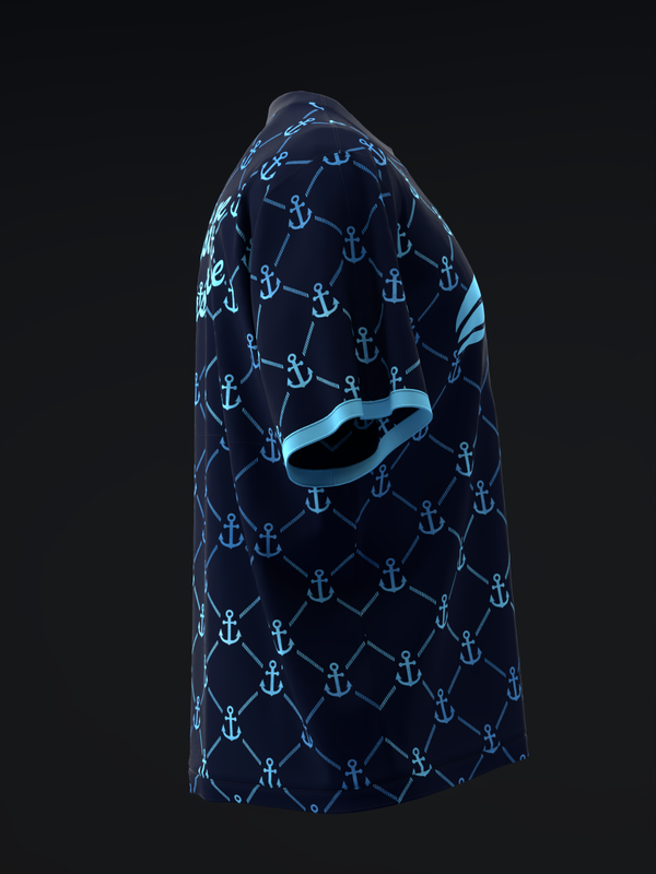 Navy bowling jersey with light blue anchor and chain pattern, side view