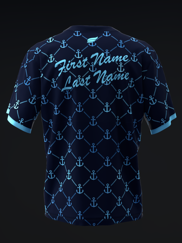 Navy bowling jersey with repeating anchor pattern and cyan script text