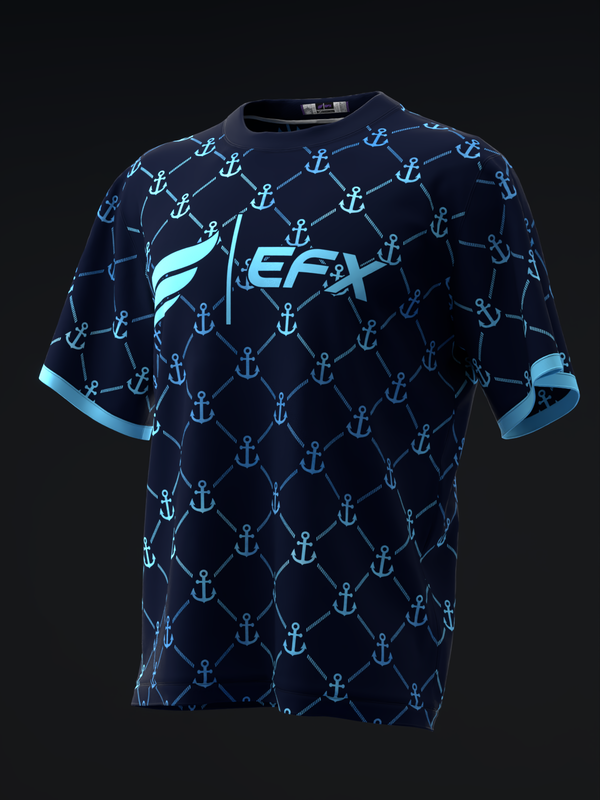 Navy bowling jersey with cyan anchor pattern and EFX logo, front view