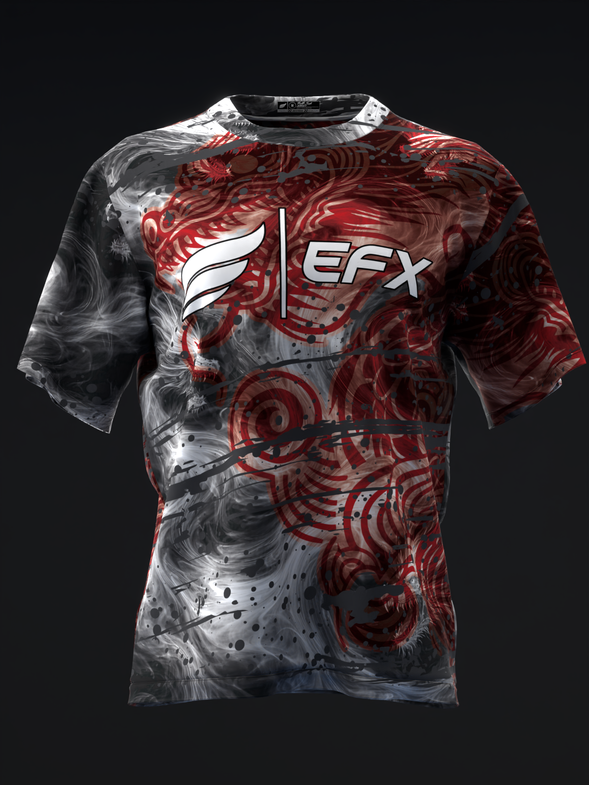 Red and charcoal bowling jersey with abstract swirl pattern and EFX logo