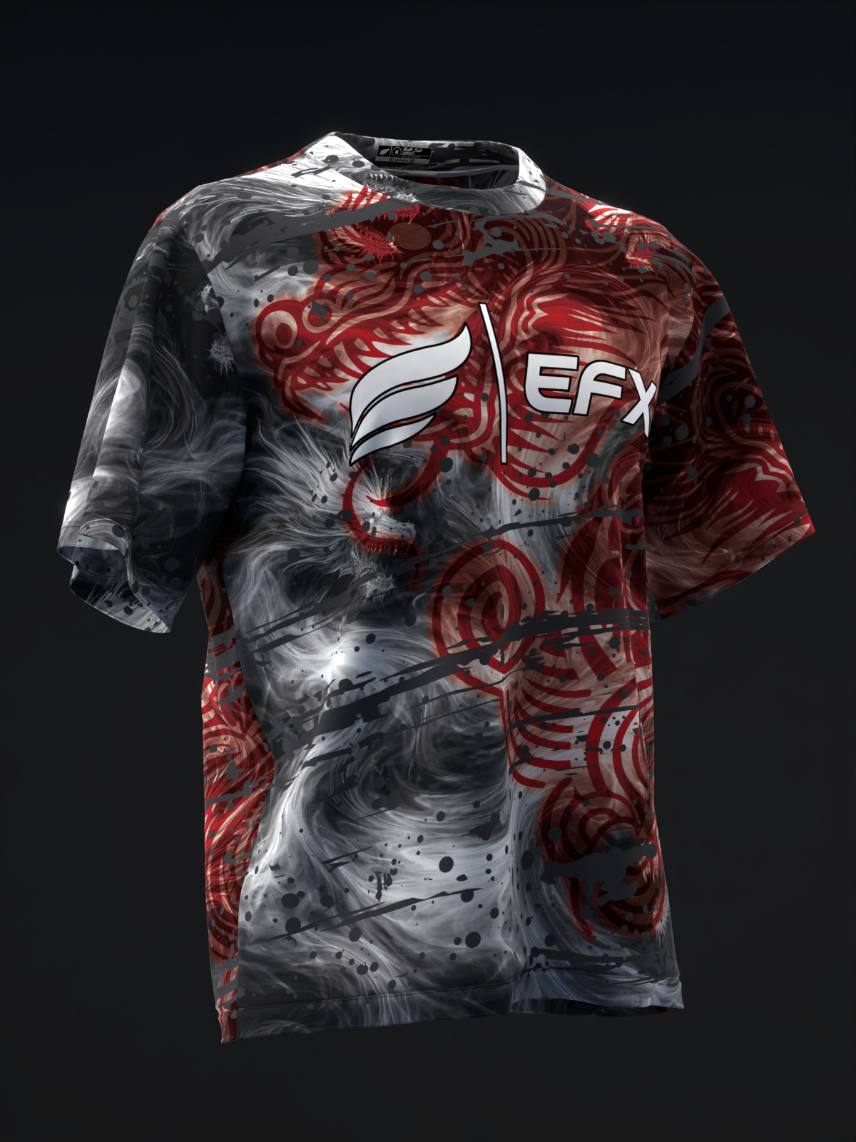 Red and charcoal bowling jersey with abstract swirl and dragon graphic design