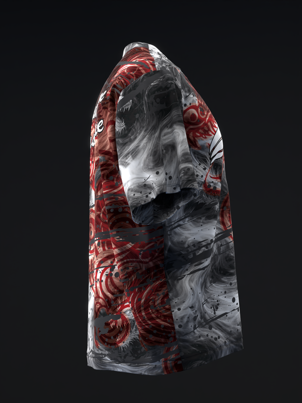 Red and charcoal bowling jersey with abstract dragon graphic design, side view