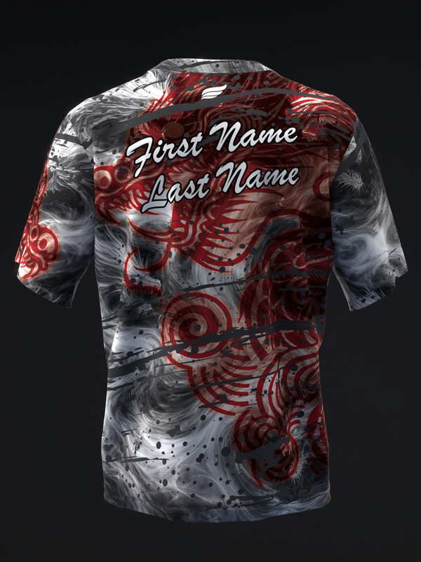 Bowling jersey with red and charcoal abstract dragon graphic and name customization