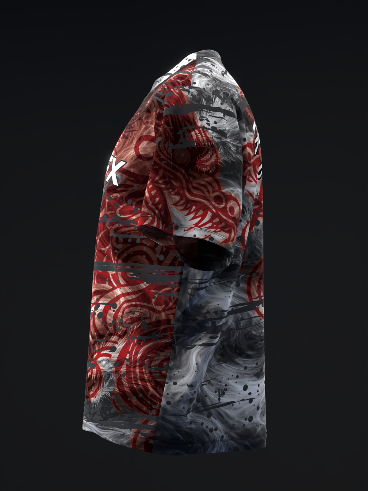 Red and charcoal bowling jersey with dragon and abstract patterned design