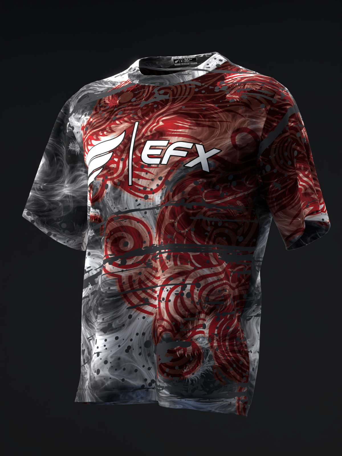 Red and charcoal bowling jersey with abstract swirl pattern and EFX logo, front view