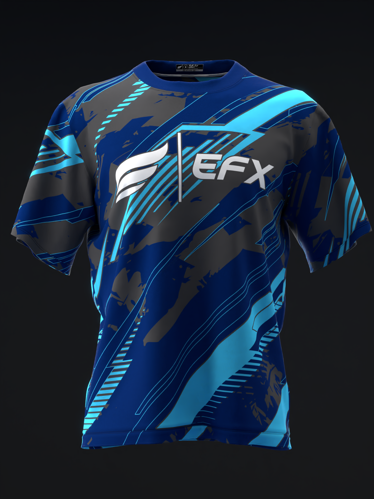 Blue bowling jersey with EFX logo and cyan diagonal stripe pattern, front view