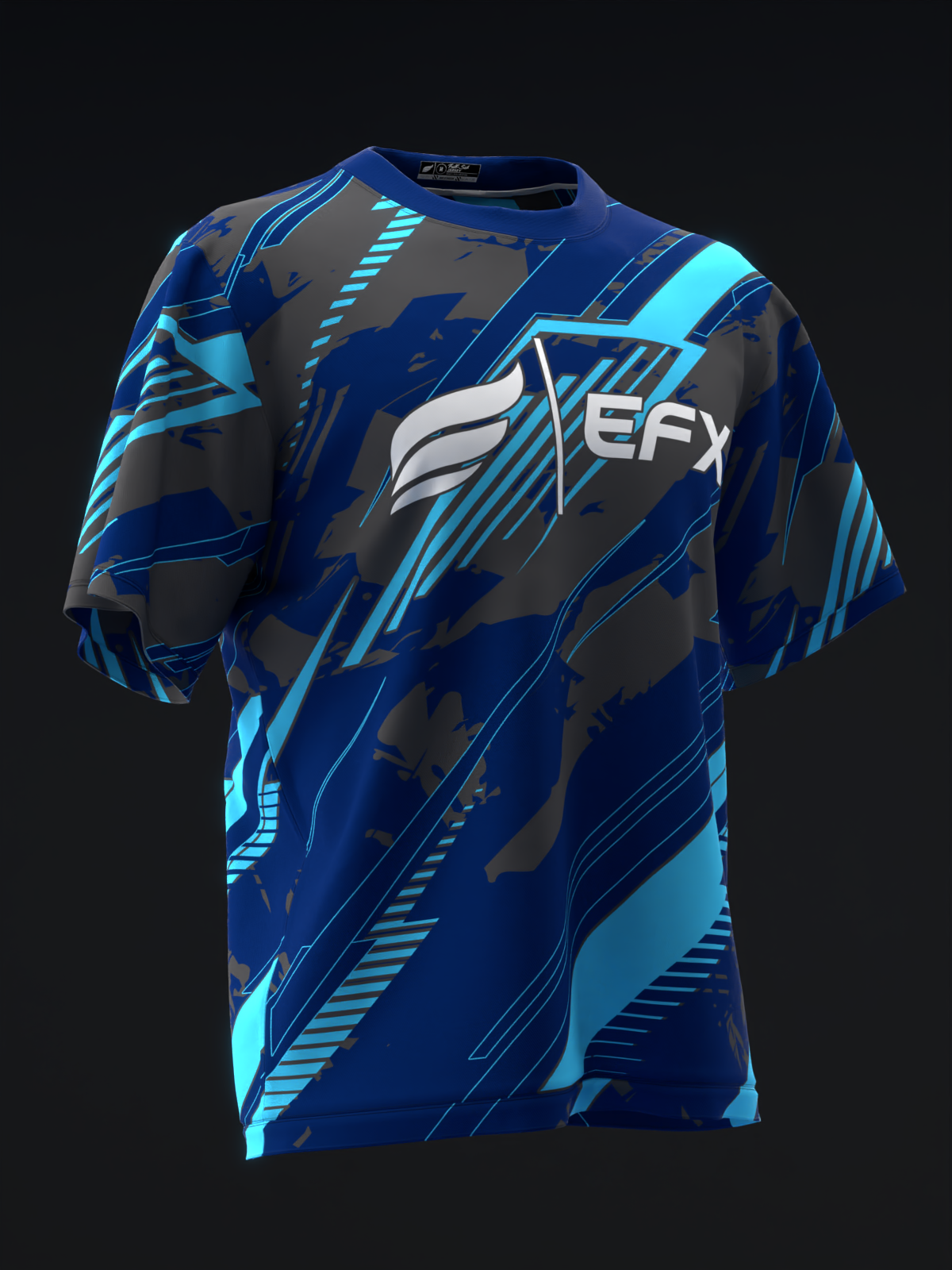 Blue bowling jersey with cyan diagonal stripes and EFX logo, front view