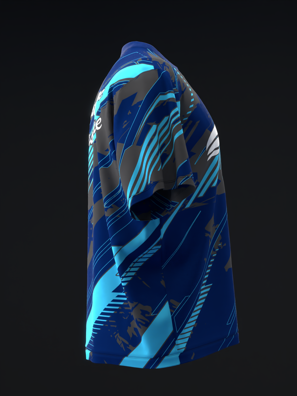 Blue bowling jersey with cyan and gray geometric striped pattern, side view