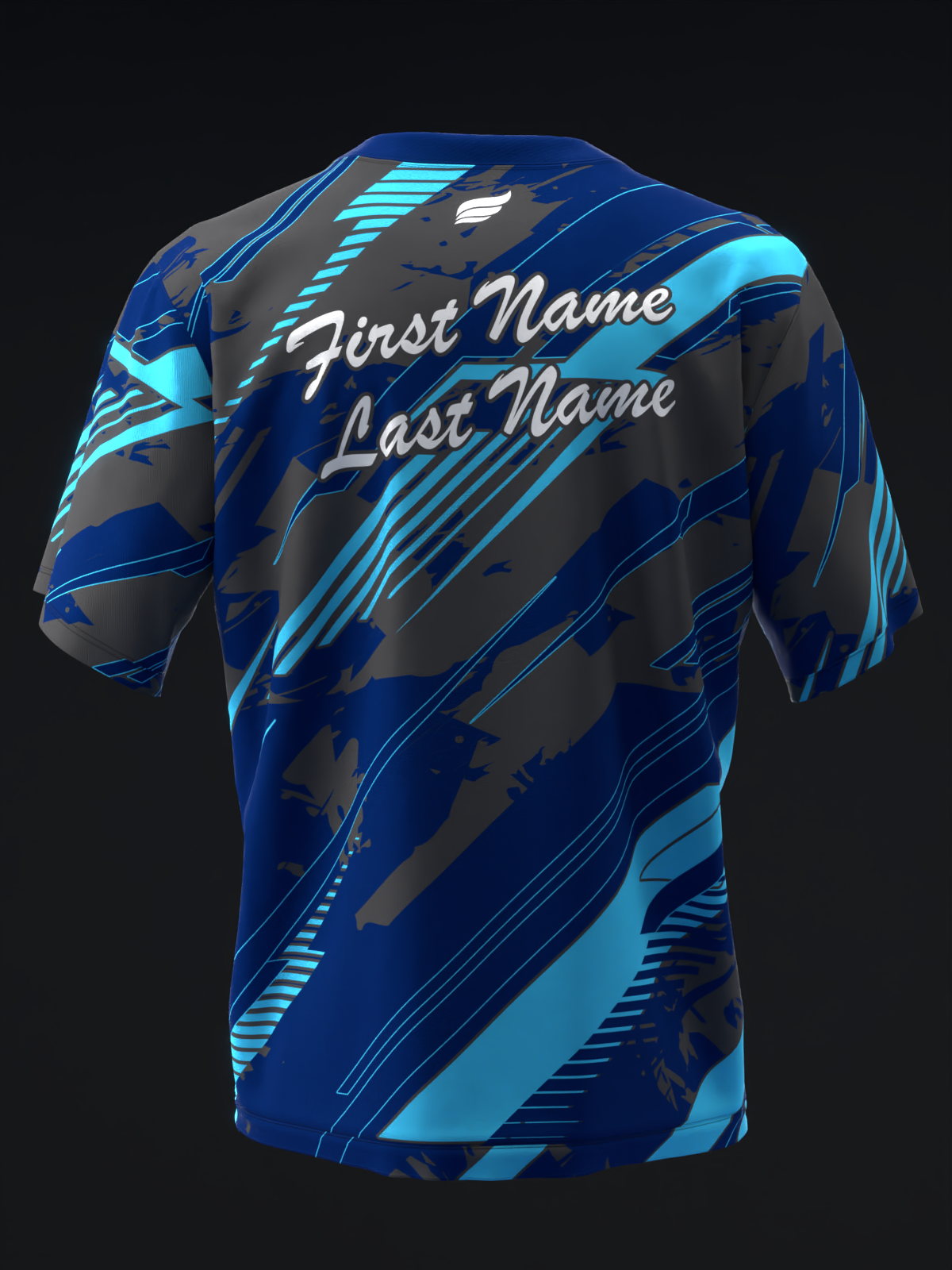 Back view of bowling jersey with blue, cyan, and gray diagonal stripe pattern and name placement