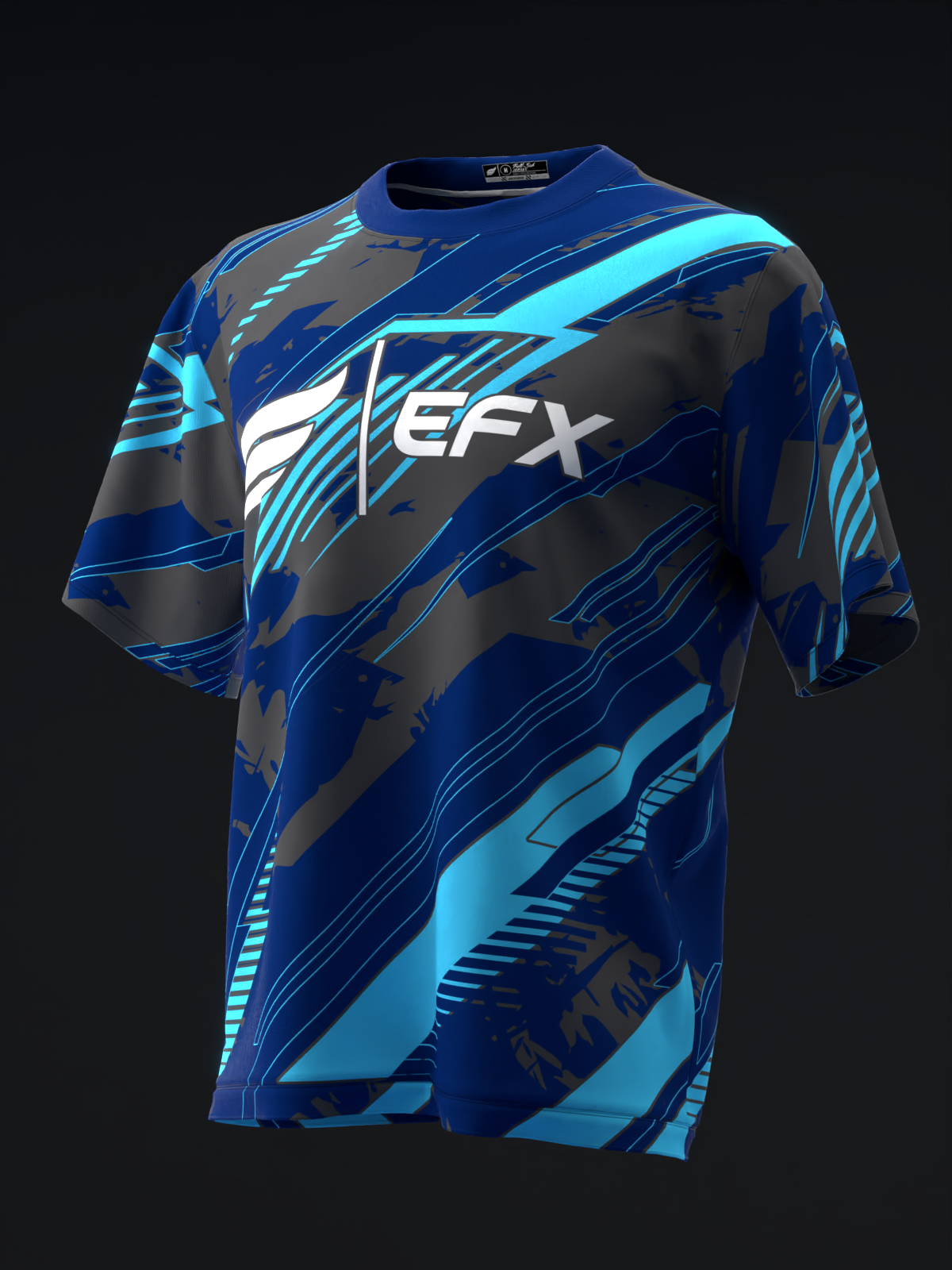 Blue and gray bowling jersey with cyan striped pattern and EFX logo, front view