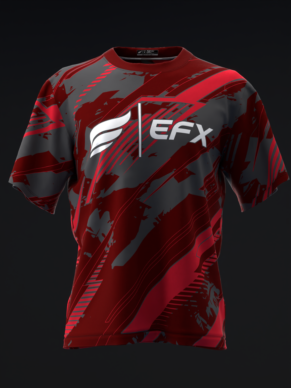 Red and gray bowling jersey with EFX logo and abstract diagonal stripe pattern, front view