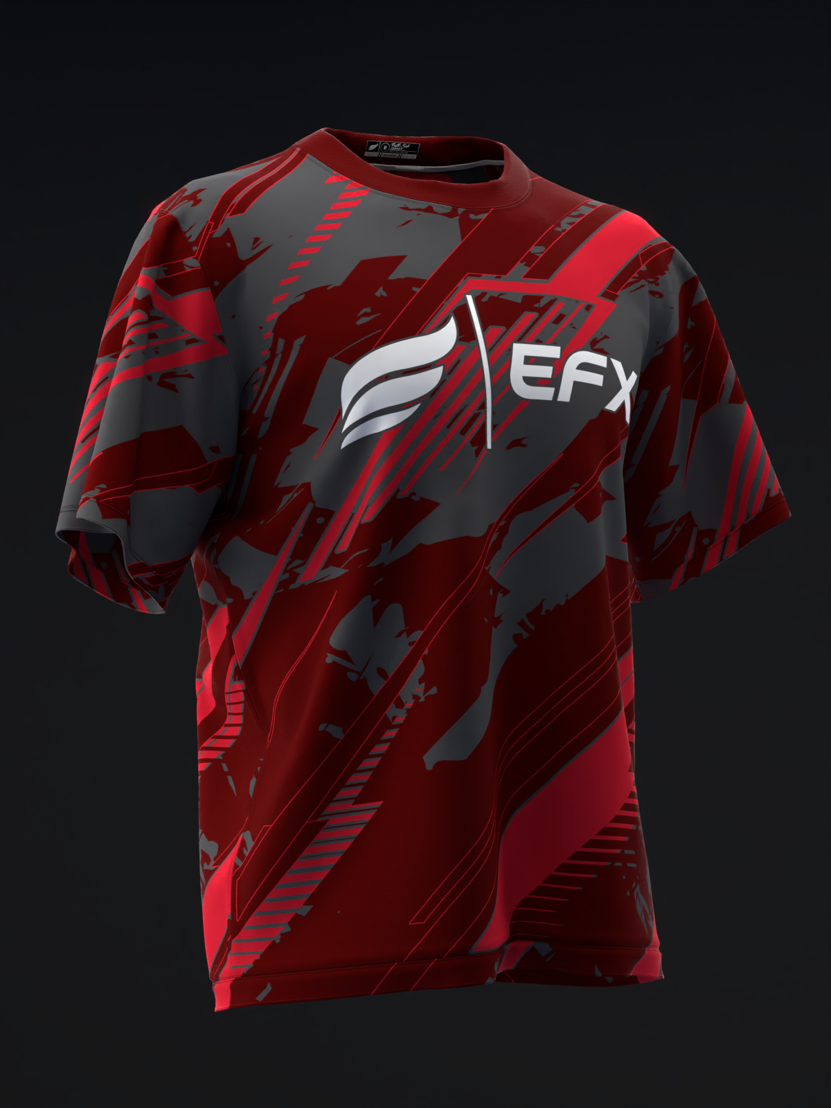 Red and gray bowling jersey with EFX logo and abstract geometric pattern, front view