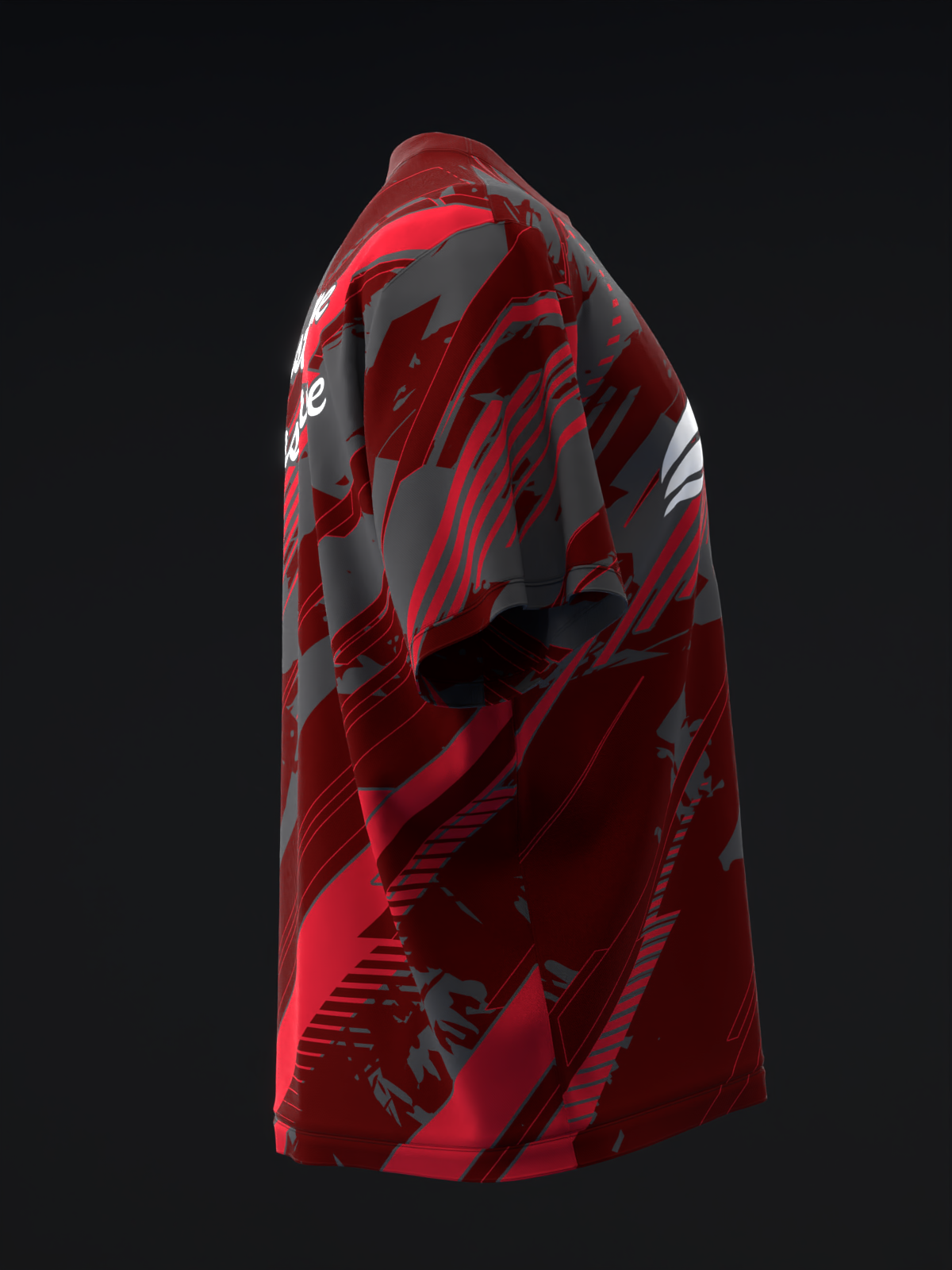 Red and gray bowling jersey with abstract geometric pattern, side view