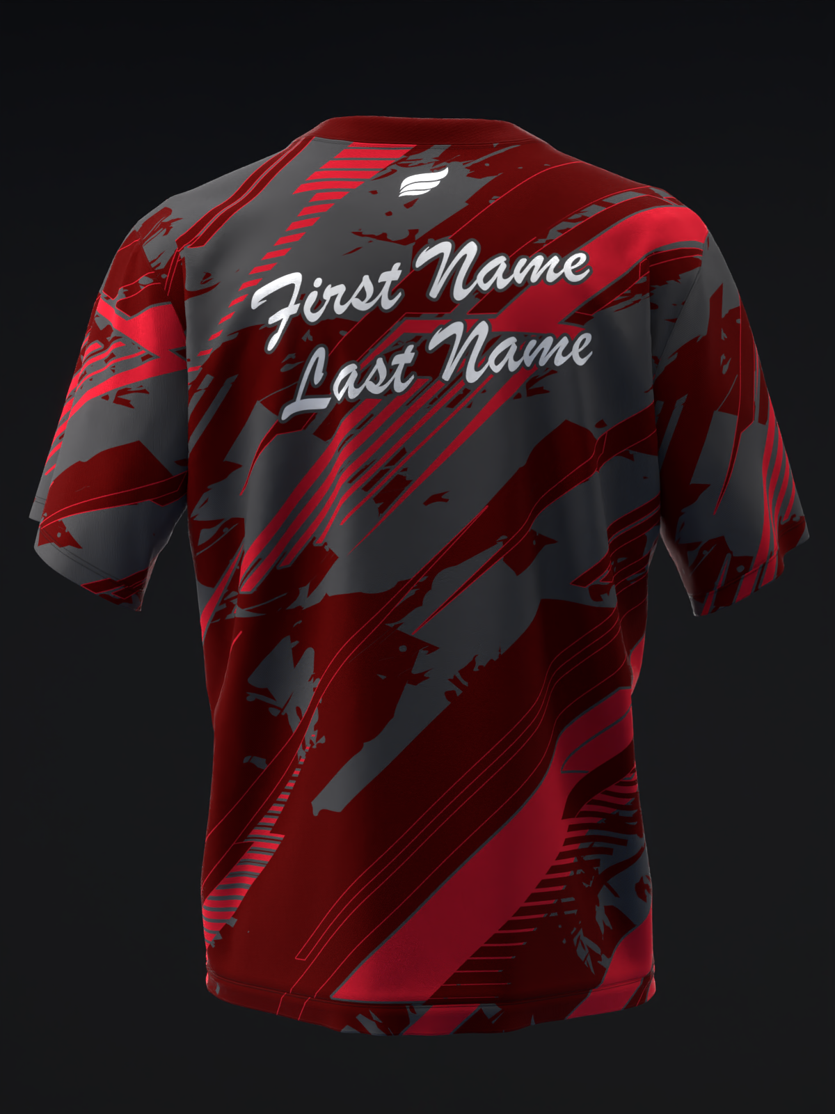 Red and gray bowling jersey with abstract diagonal pattern and personalization text
